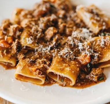 Massimo Mele’s Paccheri with Slow Cooked Pork Cheeks and Onions