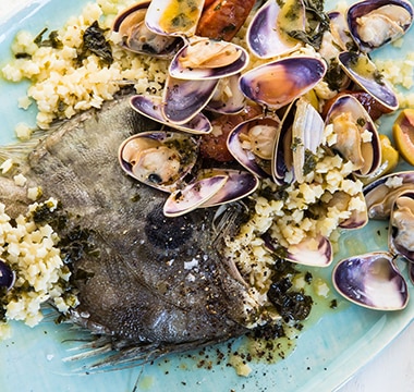 Steamed John Dory With Pippies, Chorizo, Olives & Parsley