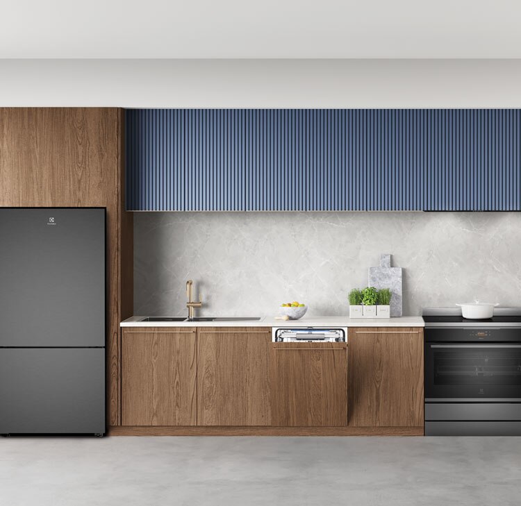 Black bottom fridge in clean kitchen